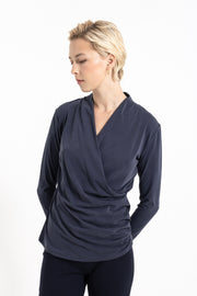 BELLA top in navy, wrap neckline and draped detail