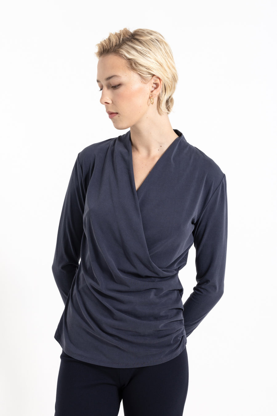 BELLA top in navy, wrap neckline and draped detail