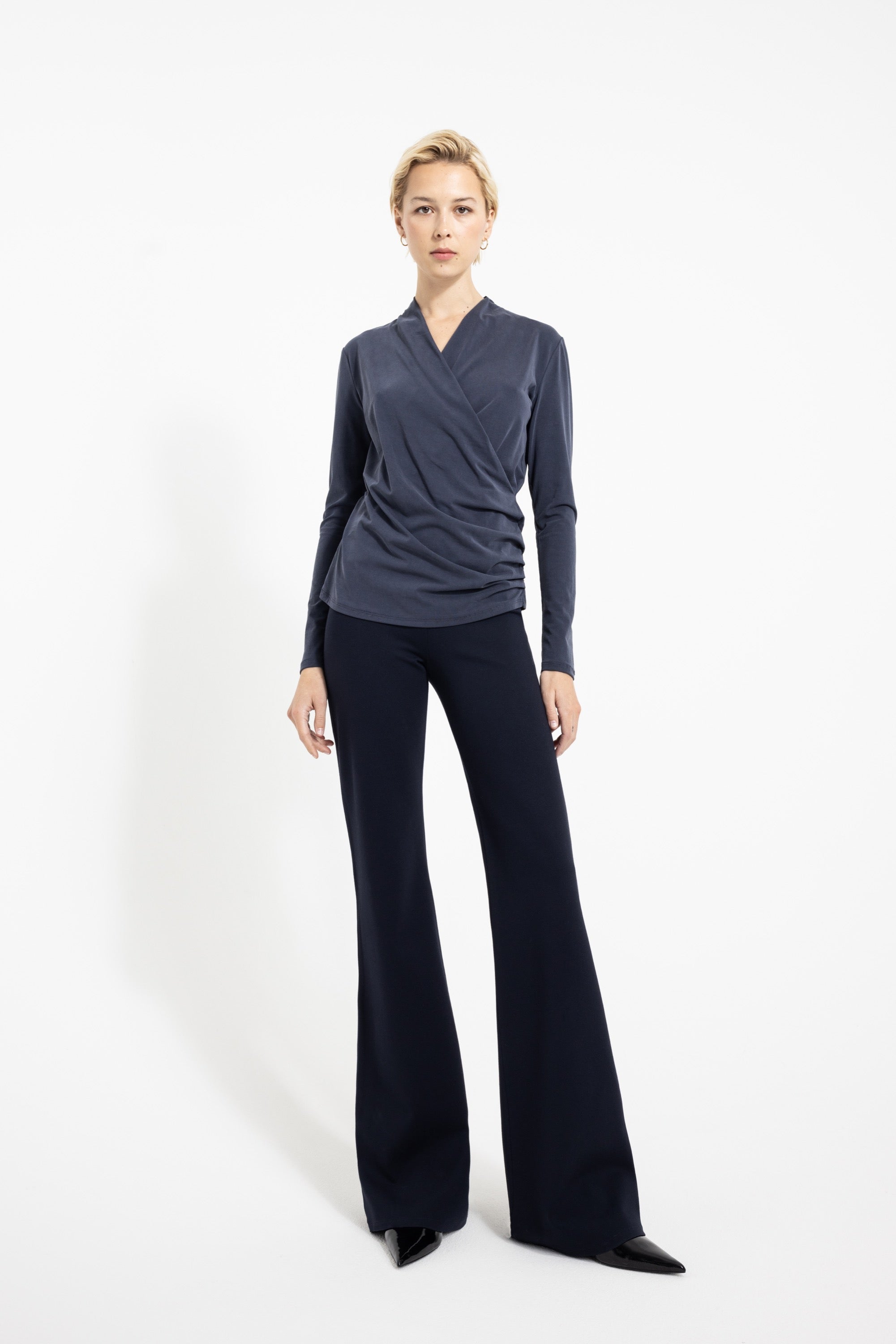 BELLA top in navy styled with navy pants
