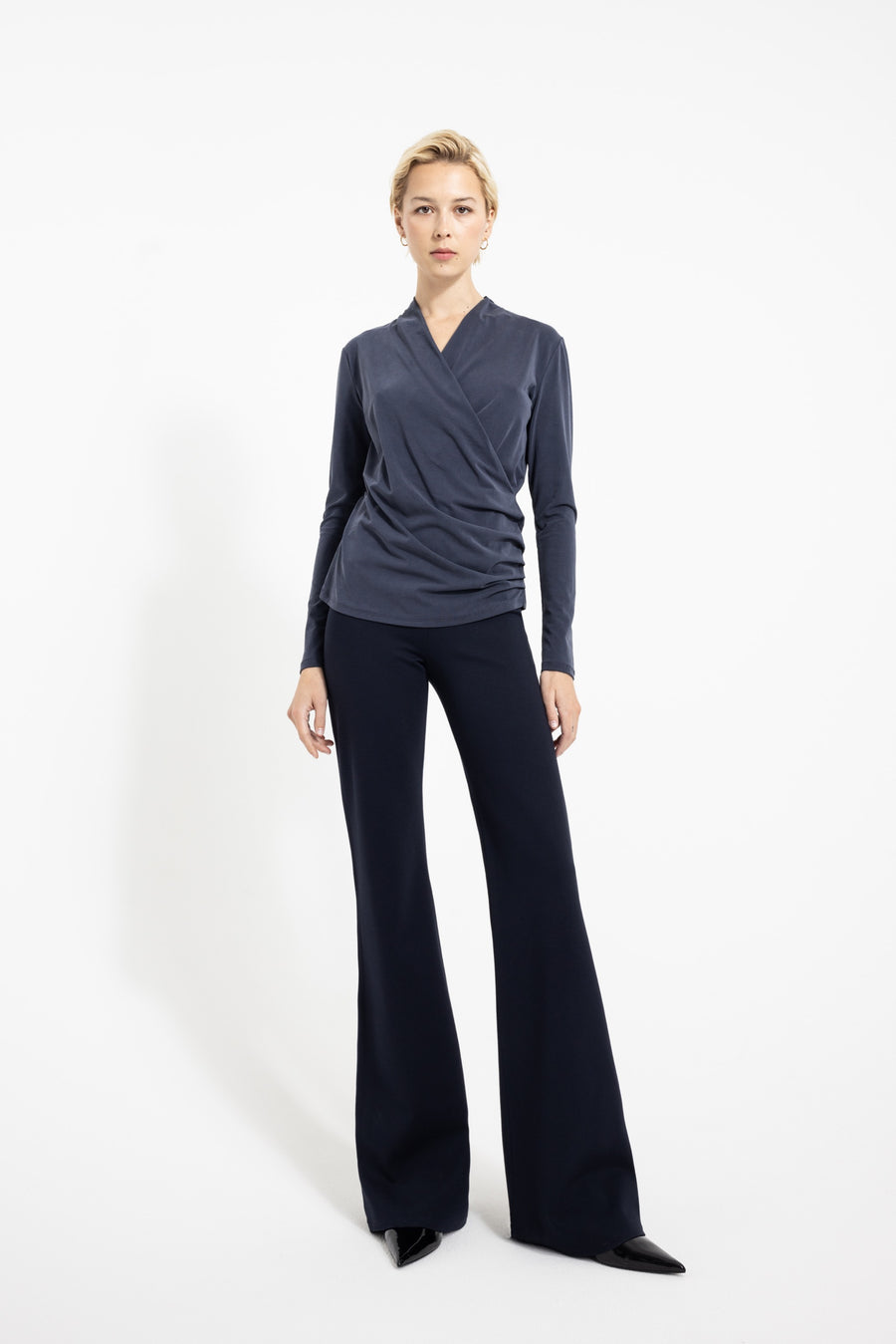 BELLA top in navy styled with navy pants