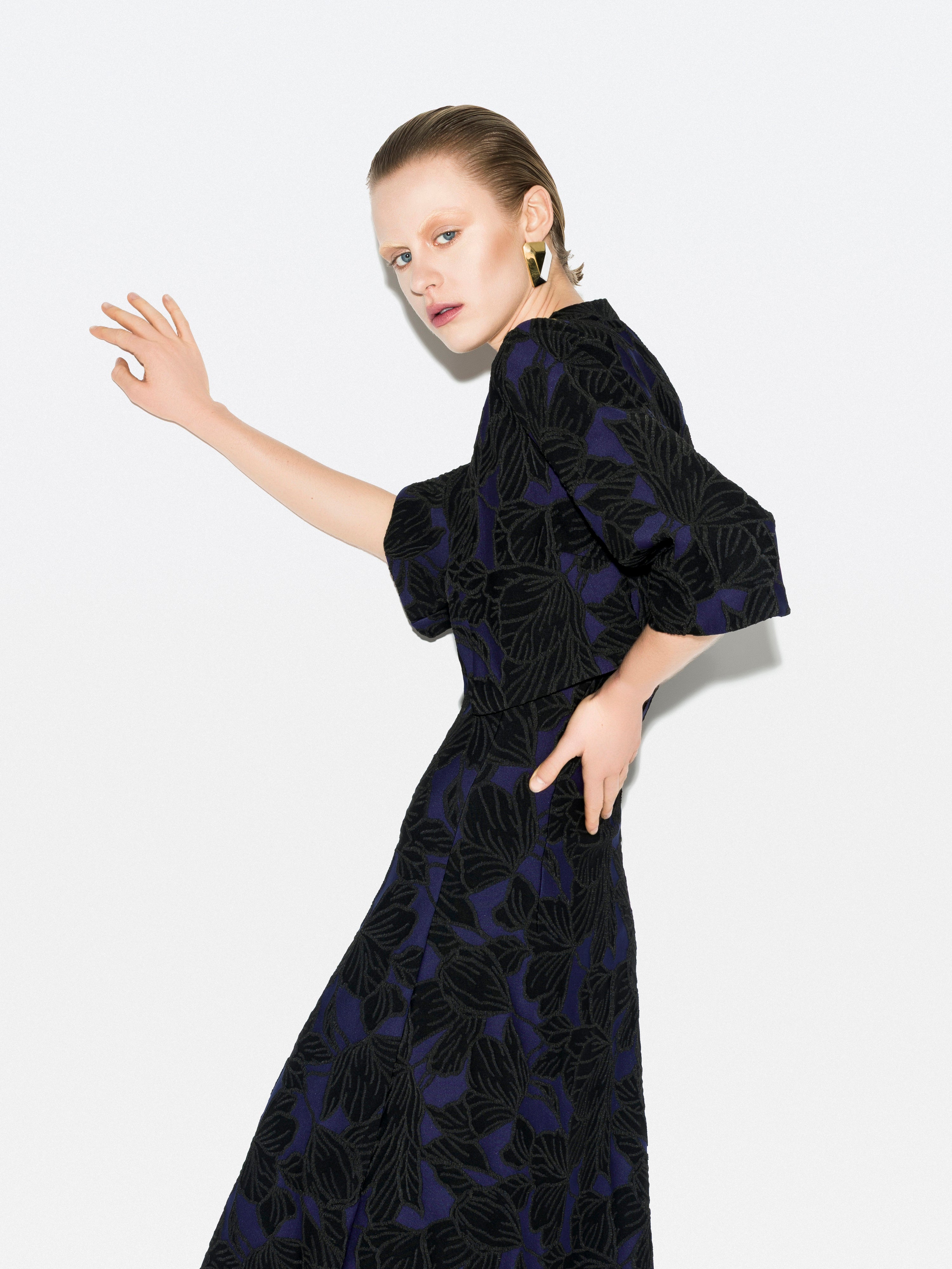 CIELO navy floral jacquard bolero — side and back detail