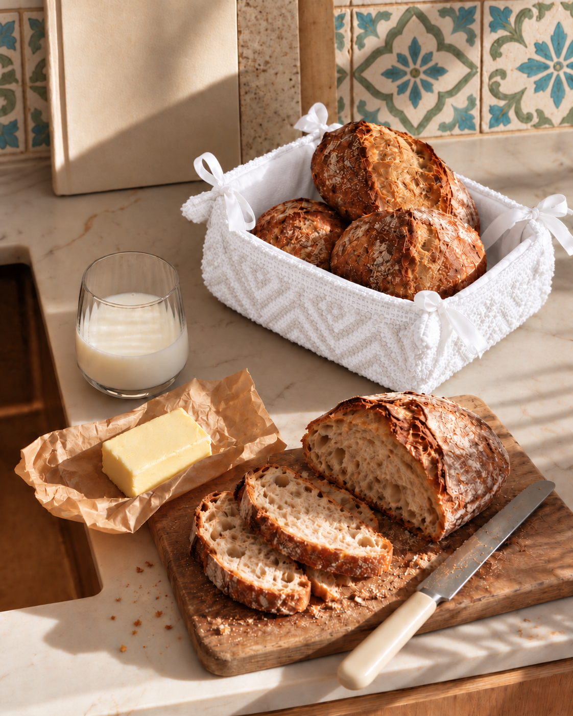 CESTINO pure white textured basket with bread and Italian mosaic