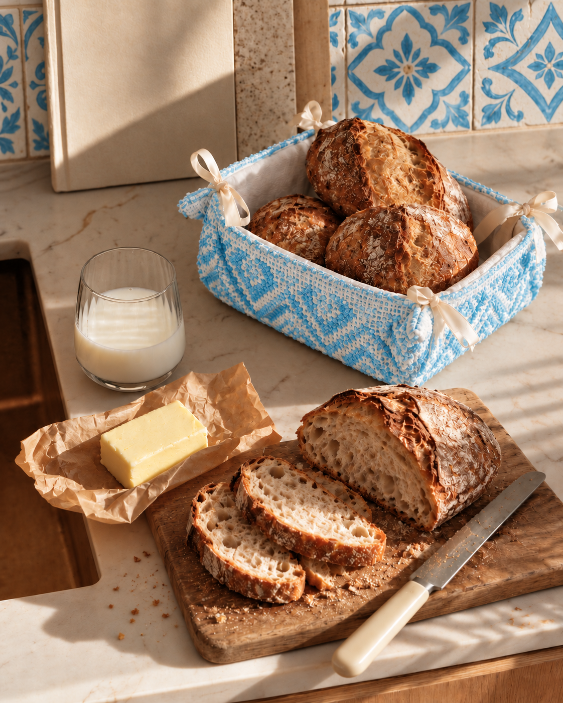 CESTINO Turquoise with bread in an Italian kitchen with matching turquoise tiles