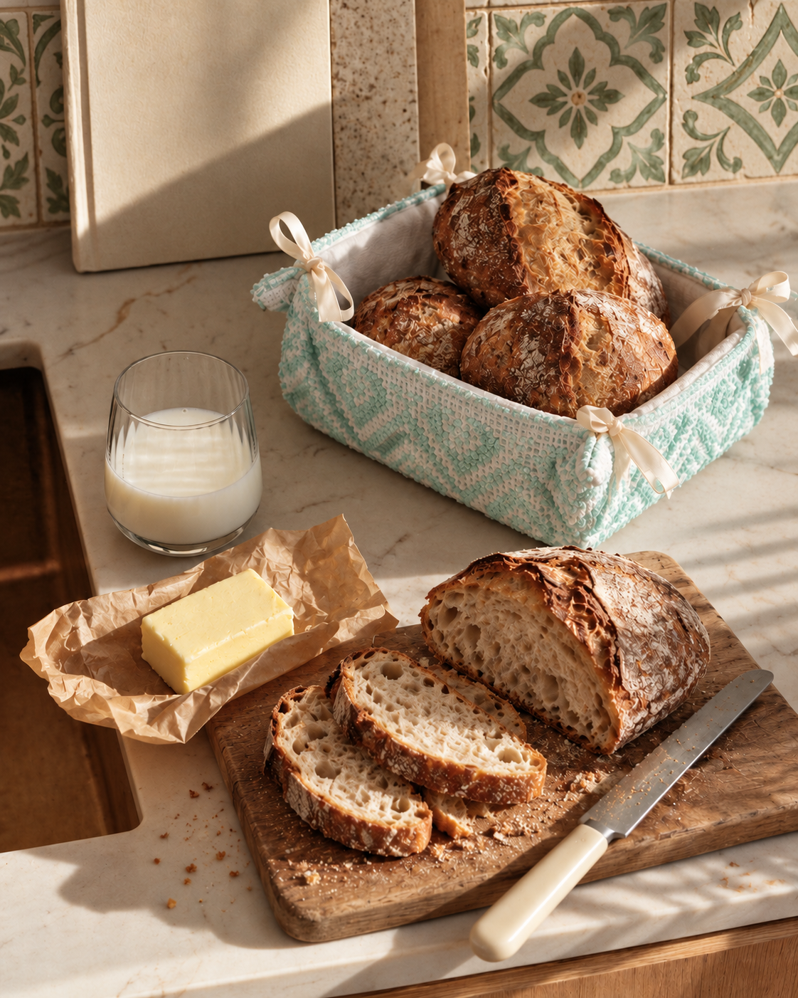 CESTINO Verde bread basket with freshly sliced sourdough and Italian tiles