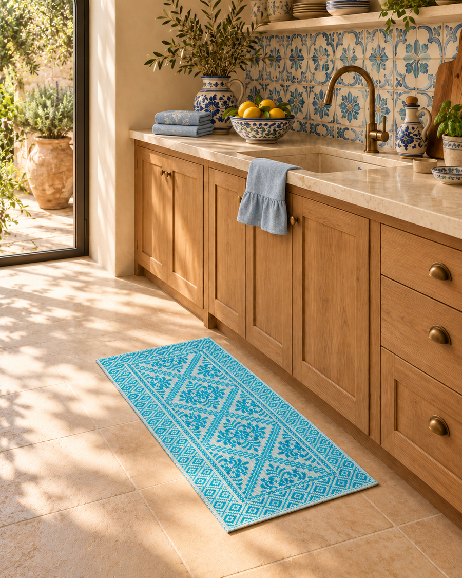 NINA turquoise woven rug in an Italian Mediterranean kitchen with blue linen towels