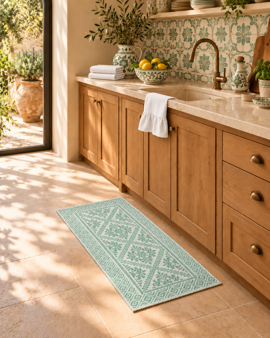 NINA Verde rug in a Mediterranean kitchen with green ceramics and white PANE linen towels