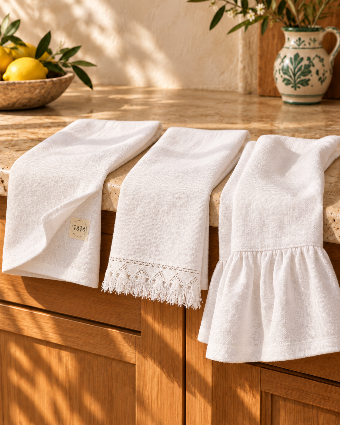 Three white PANE linen kitchen towels with CASA TOTO label, fringe and ruffle details in a sunlit Italian kitchen