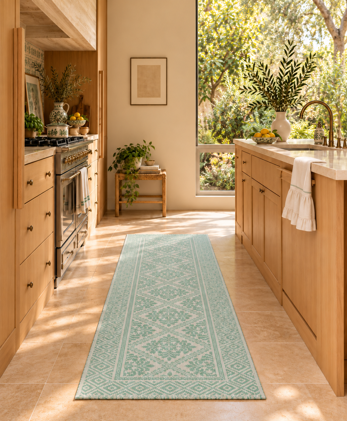 TAPETO Verde long woven runner in a sunlit Mediterranean kitchen, front view