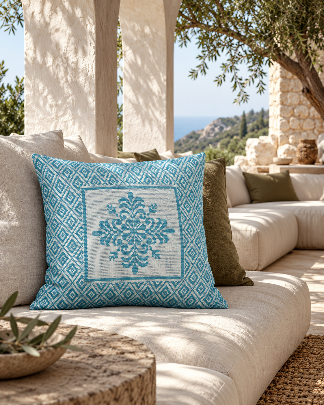 VITA turquoise cushion styled on an ivory sofa in a Mediterranean lounge