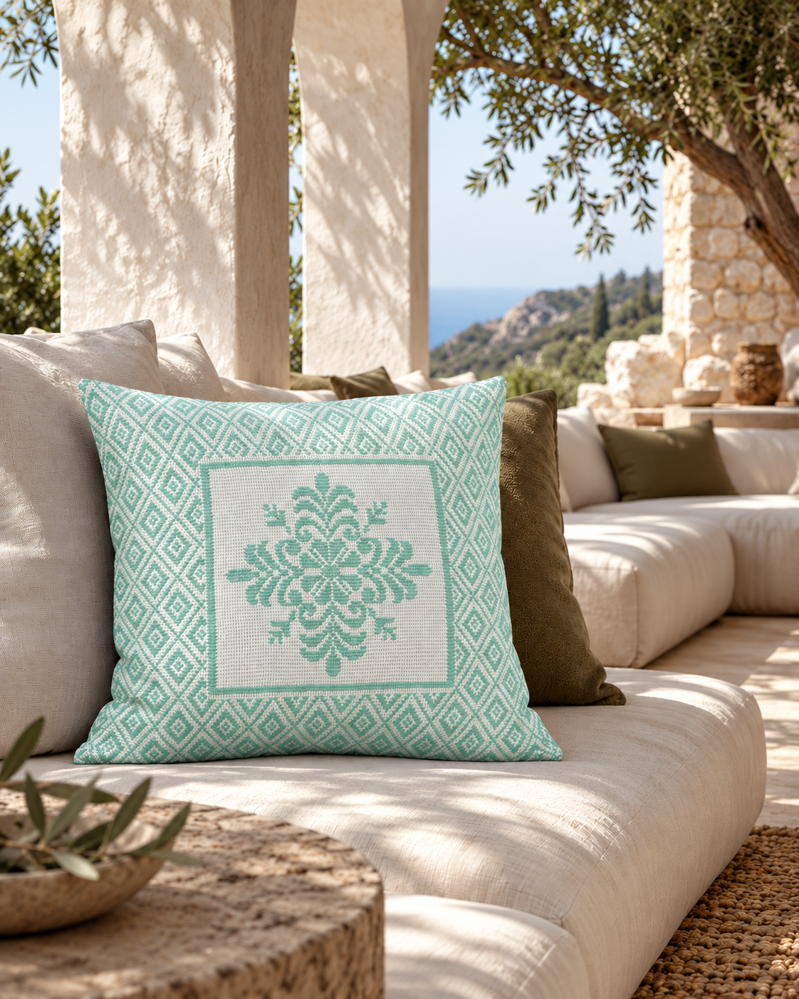 VITA Verde mint green cushion styled on an ivory sofa in a Mediterranean lounge